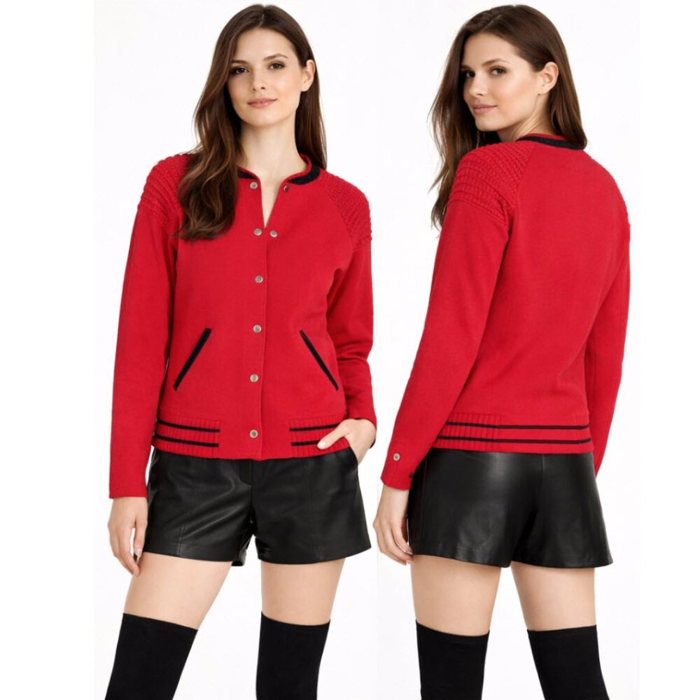 Maje Wool Bomber Cardigan Red with Stripe Detail Size 2 Medium Academia